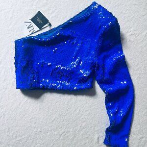 Zara one shoulder sequin royal blue top
